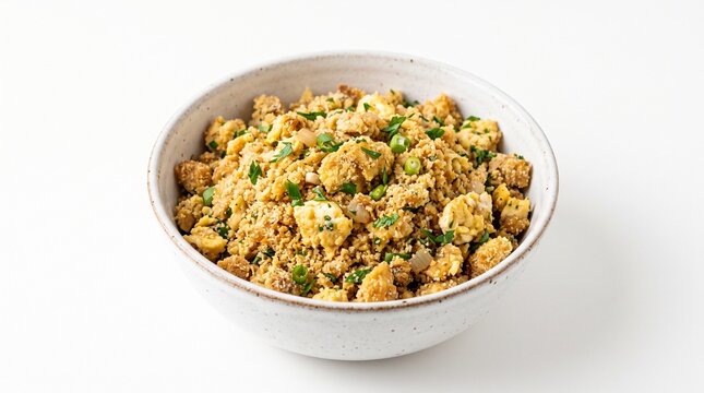 Close up of a bowl filled with delicious homemade stuffing made with bread cubes chicken and herbs