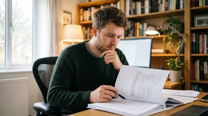 Fototapeta premium Young man focused on reading documents at his desk in a home office with bookshelves