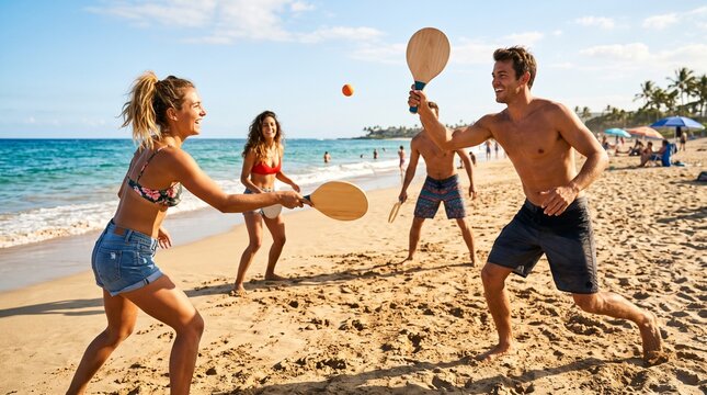 Young adults playing paddle ball on a sunny beach with ocean waves and palm trees in the background