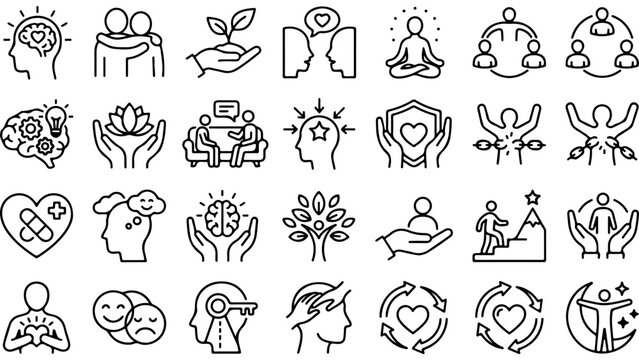 Set of mental health and wellness icons showing mindfulness meditation therapy and emotional support
