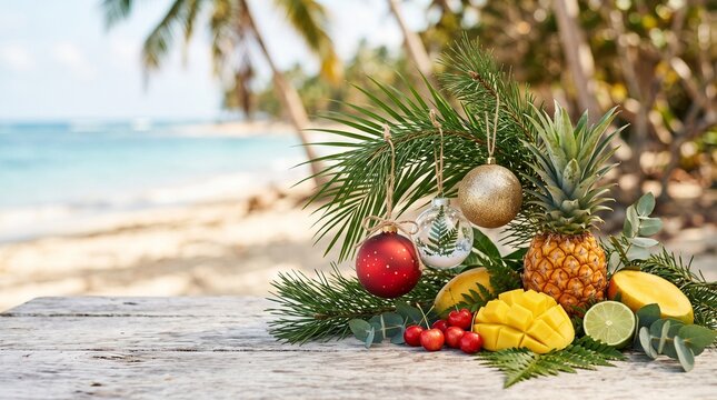 Tropical Christmas Celebration with Exotic Fruits and Ornaments on a Beach Background