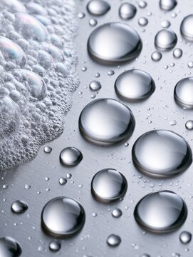Water drops and soap bubbles on metallic surface