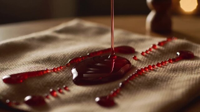 Pouring glossy red liquid stream contacting napkin, forming puddle on beige cloth at wooden table
