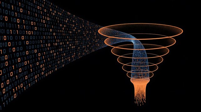 Binary code data stream flowing into a digital funnel representing information filtering and big data analysis in a technological environment