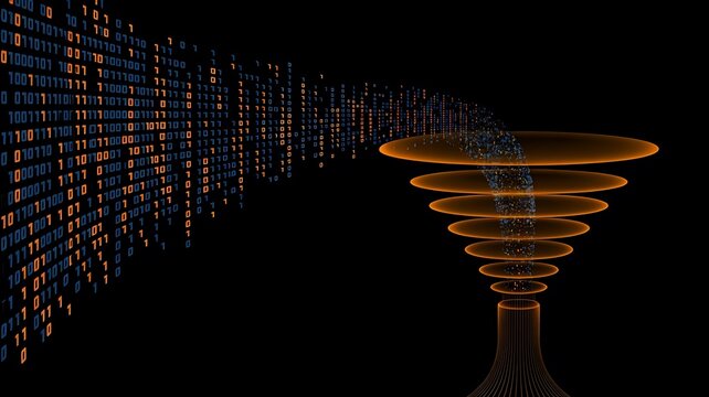 Binary code stream flowing into a digital funnel representing data processing and information filtering in a modern computing environment
