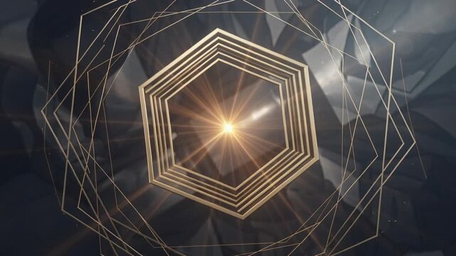 Glowing central light sparking nested gold hexagon rings rotating in dark studio creating starburst