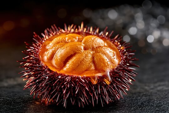 Fresh sea urchin roe uni delicacy gourmet seafood close up dark mood