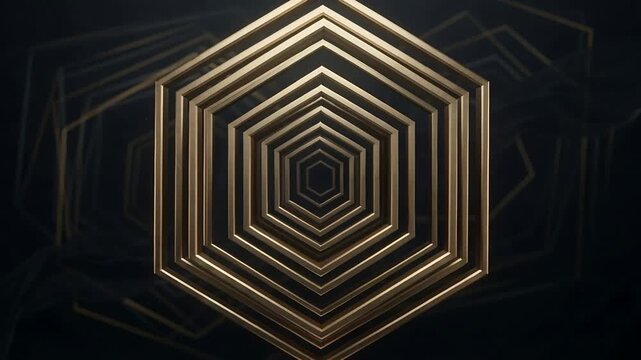 Animating gold hexagon frames pulling inward in dark studio, revealing inner rings