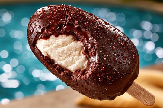 Chocolate ice cream bar with bite and water drops summer dessert