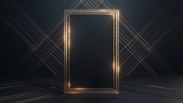 Lighting starting, triple-bordered gold frame catching glints on dark set with X beams and bokeh