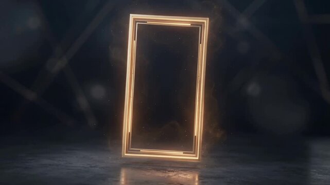 Sparking golden frame charging, sending sparks, forming wisps, tilting right on polished floor