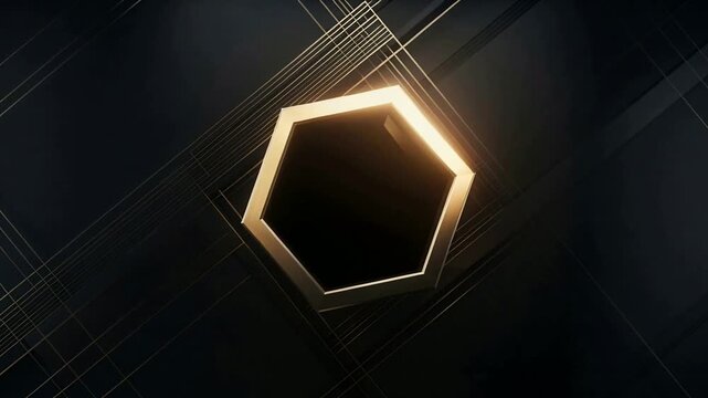 Rotating gold hexagon ring revealing hollow core as warm highlight sweeping grid, unveiling emblem