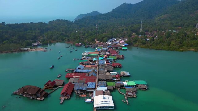 speed ramp time lapse Coastal community living in houses on stilts over calm water, surrounded by lush green islands traditional life. Best aerial view speed ramp time lapse fly reverse drone panora
