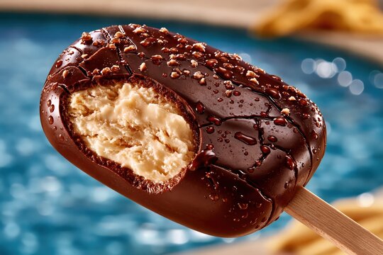 Chocolate ice cream bar with nuts and bite mark macro food photography