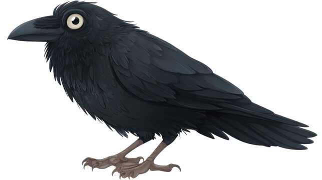 Black Raven Crow Bird Cartoon Illustration Perched Standing Pose Halloween Gothic Animal Character Design Digital Art Drawing on White Background