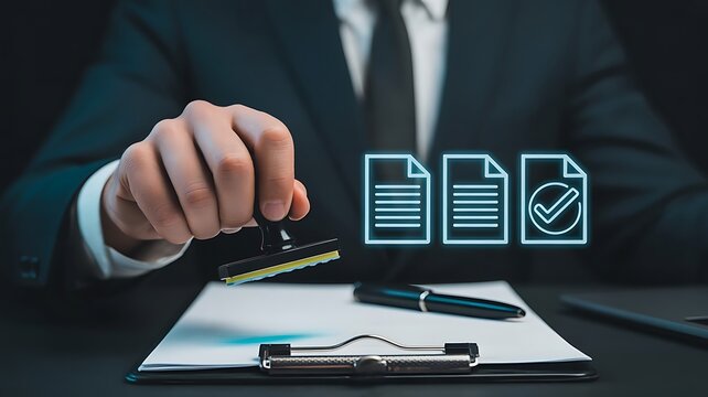 Businessman in a suit using a rubber stamp to approve digital documents with glowing neon checkmark on a dark office background