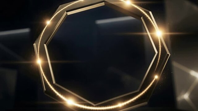 Light shifting, faceted gold ring rotating, centering amid glass panels, showing facets and sparks