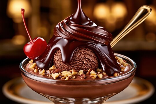 Chocolate sundae ice cream dessert with fudge syrup and cherry