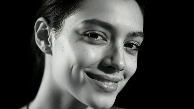 Camera pulling back revealing face model smiling while showing freckles and dimples in studio