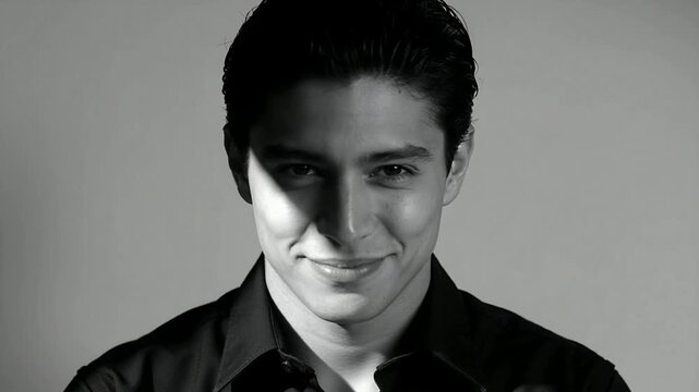 Recording model changing neutral to smile in studio under diagonal shadow, black collared shirt