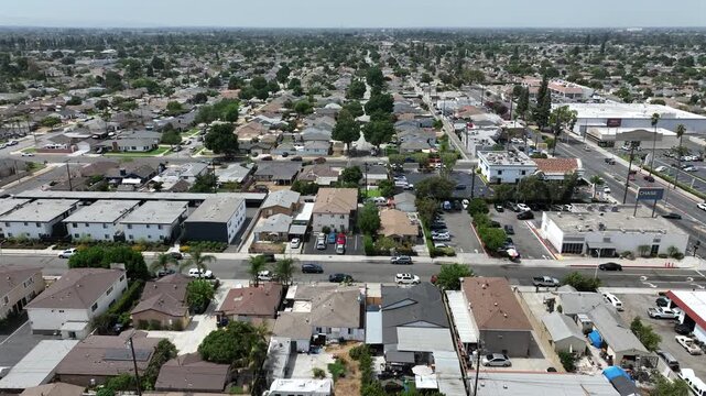 Norwalk, California, USA: High Drone View of Downtown Residential Neighborhood Next to Firestone Boulevard on a Bright Summer Evening