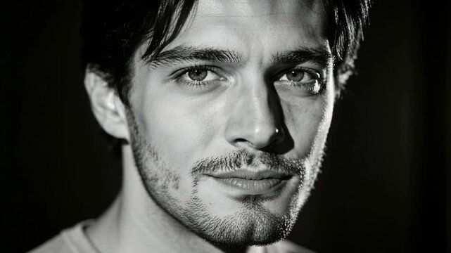 Camera rolling man shifting face toward camera in studio for portrait, showing stubble and shirt