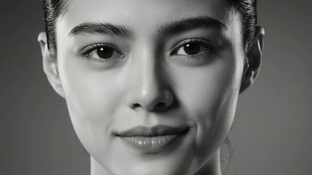 Pulling back, woman shifting to soft smile in studio for portrait with lights, black backdrop