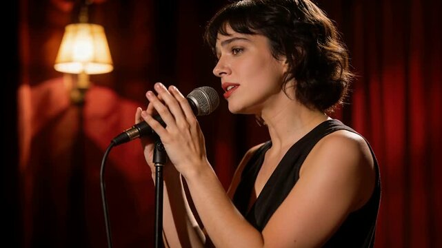 Singing woman in black V-neck on cue at club, projecting into mic holding stand to entertain