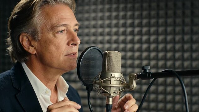 Cue starting, singer singing in booth, in white shirt dark blazer, tracking take on condenser mic