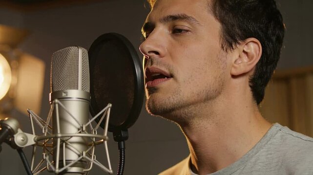 Singing adult male vocalist shaping vowels and consonants in recording studio, with pop filter mic
