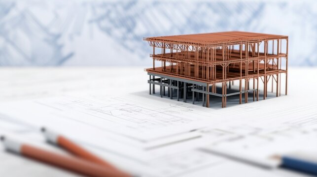 Pastel Evening Within a Steel Structure Design Review: Building Frame Axonometric Drawing Beside Steel Model Structu