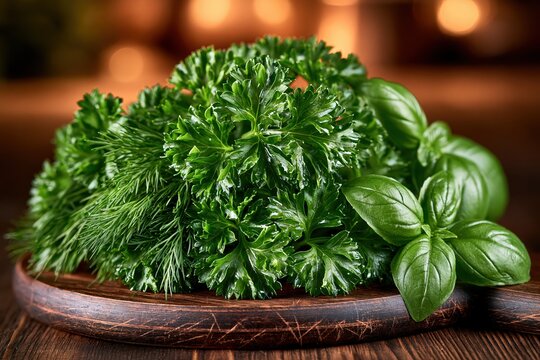 Fresh green herbs bunch parsley basil dill on wooden cutting board