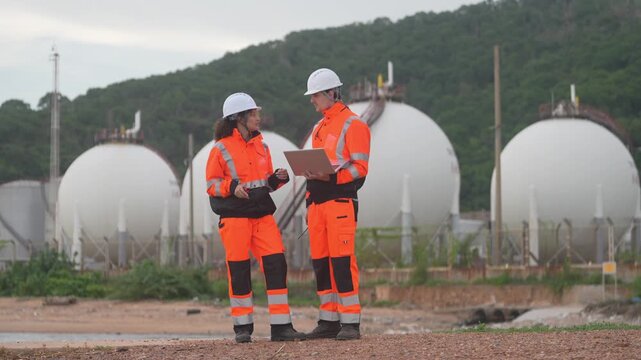 Workers discuss safety protocols at an outdoor facility with storage tanks
