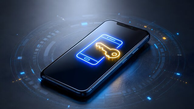 Glowing digital key icon on smartphone screen representing mobile cybersecurity and secure authentication network access