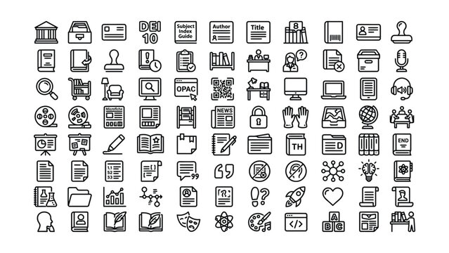 Library and Cataloging Line Icon Set