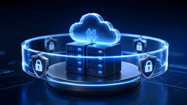 Secure cloud storage computing concept with glowing blue data servers protected by digital shield and padlock barrier
