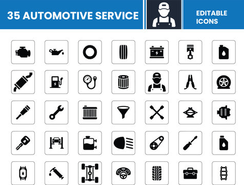 Set of 35 black and white automotive service icons
