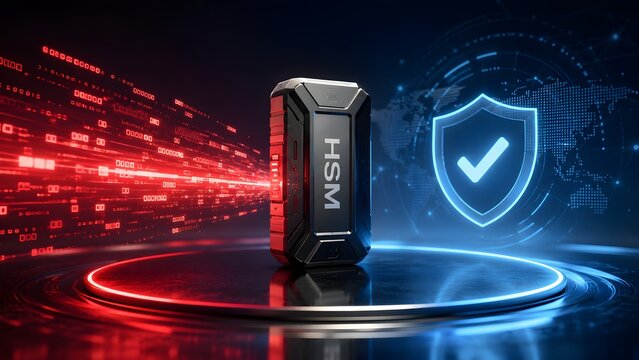 Hardware security module protecting global network from cyber attack with glowing blue shield and red binary data stream