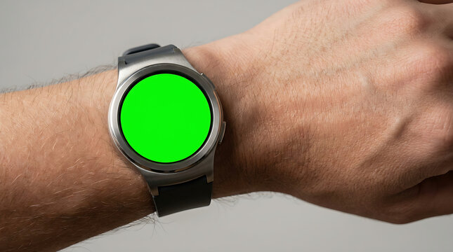 Person wearing silver smartwatch with green screen display mockup