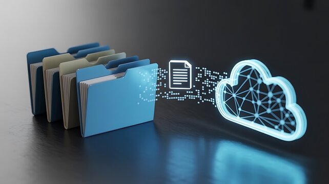 Data migration concept showing file folders transferring digital documents to a glowing blue cloud network on a dark background surface