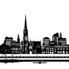 Fototapeta premium Detailed black and white city skyline illustration featuring a Gothic cathedral and riverfront
