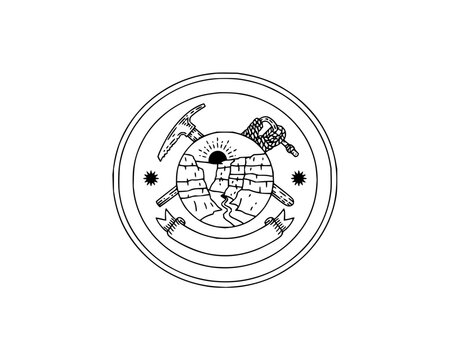 Outdoor Adventure Emblem with Mountain Canyon and Climbing Gear