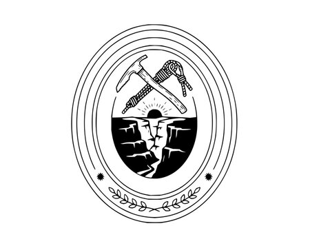Mountaineering Badge with Climbing Tools and Mountain Peak View