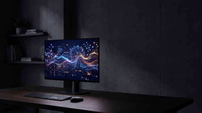 Modern computer monitor displaying abstract digital network data visualization with glowing lines and nodes