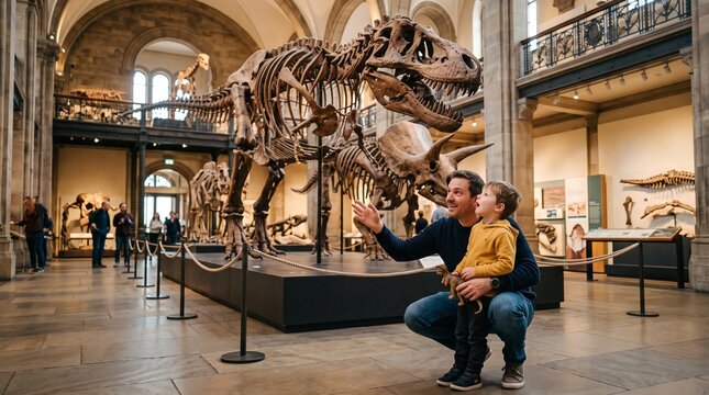 Father and son marvel at dinosaur skeletons in a museum exhibition hall