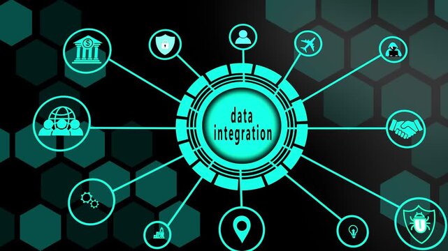 Data integration corporate database processing platform visualized on dark cyan glowing futuristic technological hud screen