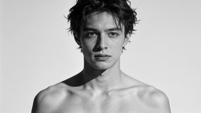 Standing shirtless male on cue, blinking shifting gaze in studio with light backdrop and lights
