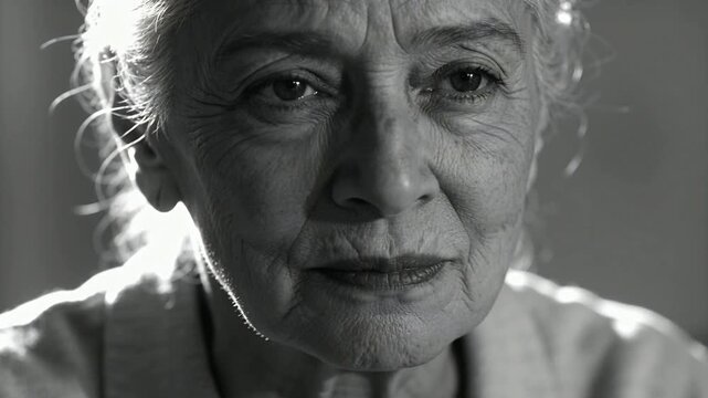 Camera focusing senior woman addressing camera, speaking and blinking in studio, rim-lit light top