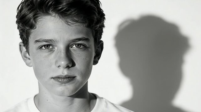 Reacting teen male squinting, blinking to bright light at plain wall, in white tee casting shadow