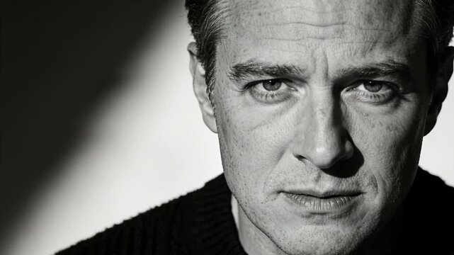 Responding to camera cue middle-aged man reciting lines for camera in studio in dark ribbed sweater